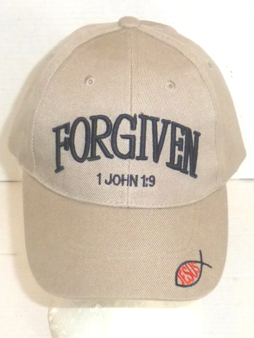 Forgiven 1 John 1:9 Hook & Loop Adjustable Embroidered Hat Beige PLEASE READ